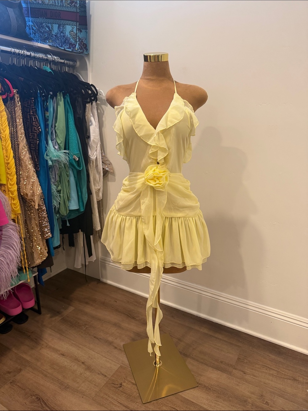 Fashion Nova Yellow Ruffle Halter Mini Dress with Waist Rosette